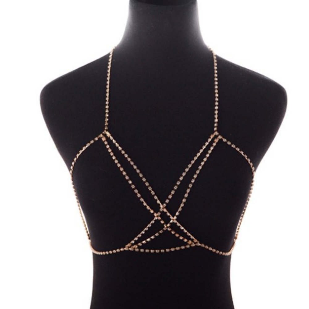 Gold Rhinestone Double Cross Body Chain - Picture 2 of 2